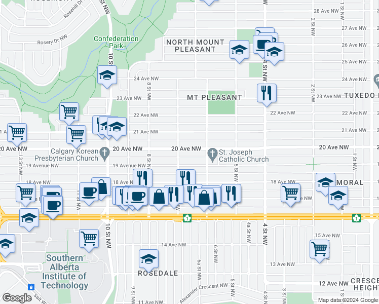 map of restaurants, bars, coffee shops, grocery stores, and more near 725 20 Avenue Northwest in Calgary