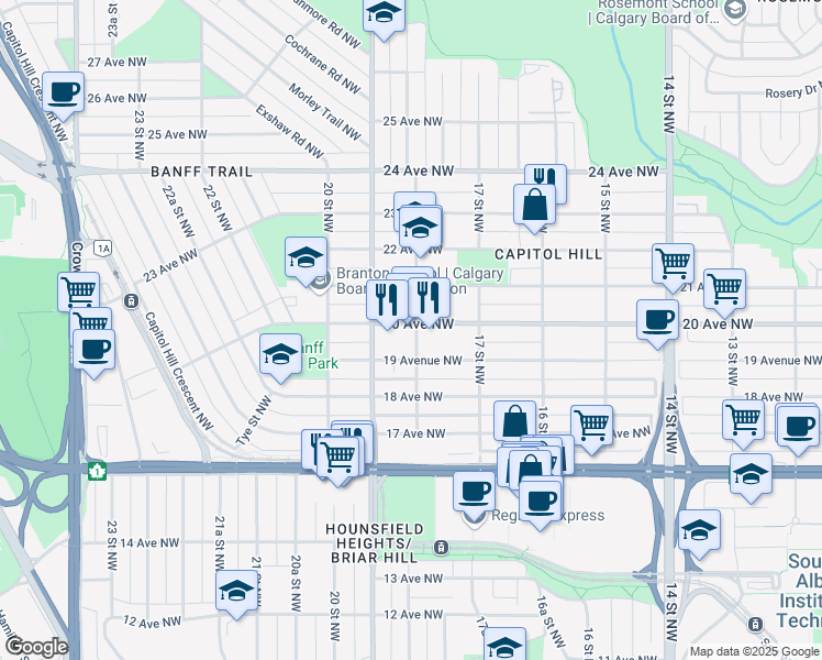 map of restaurants, bars, coffee shops, grocery stores, and more near in Calgary