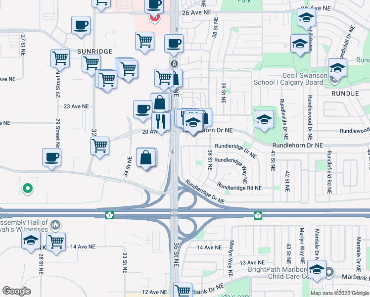 map of restaurants, bars, coffee shops, grocery stores, and more near 548 Rundleridge Drive Northeast in Calgary