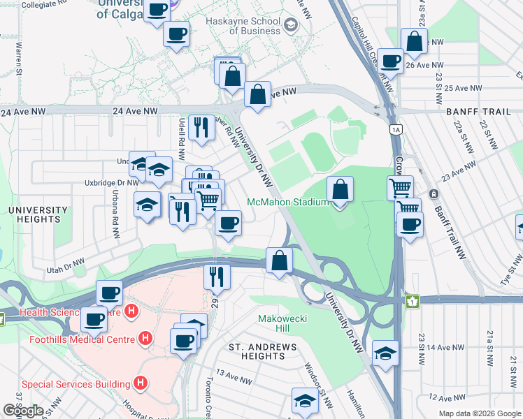 map of restaurants, bars, coffee shops, grocery stores, and more near 2010 Ulster Road Northwest in Calgary