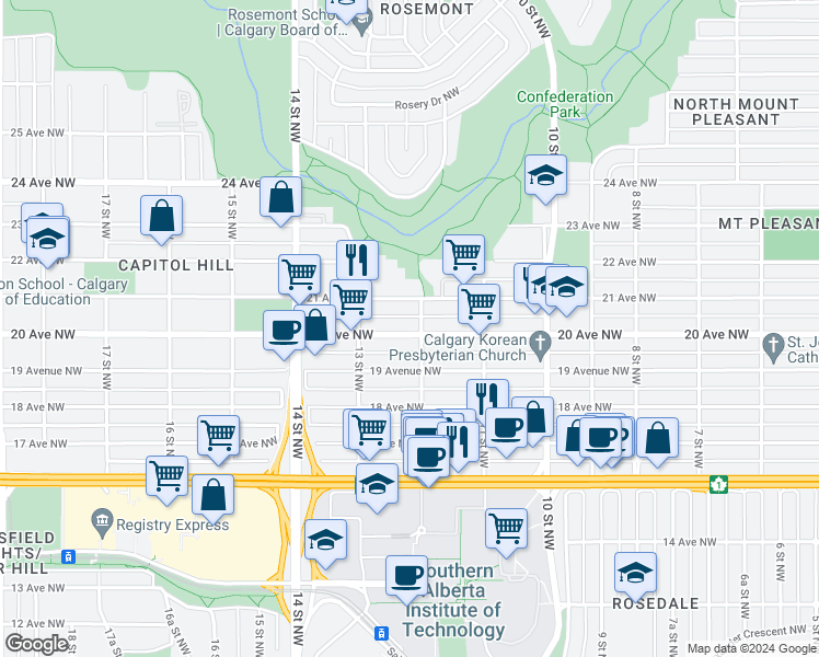 map of restaurants, bars, coffee shops, grocery stores, and more near 1308 20 Avenue Northwest in Calgary