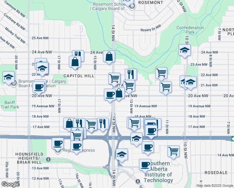 map of restaurants, bars, coffee shops, grocery stores, and more near 1450 20 Avenue Northwest in Calgary