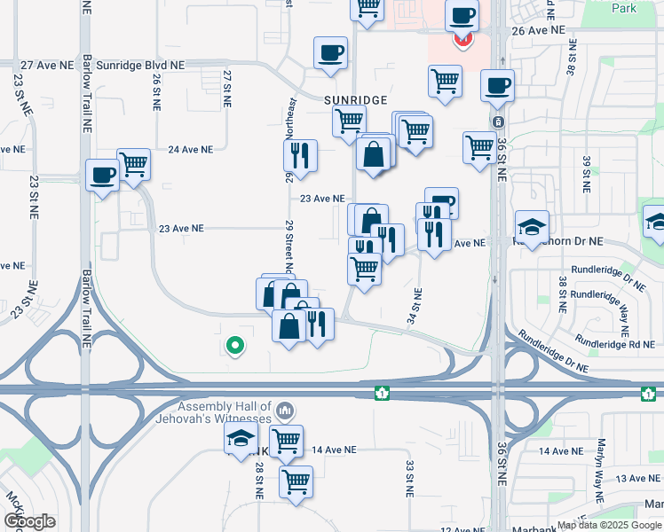 map of restaurants, bars, coffee shops, grocery stores, and more near in Calgary