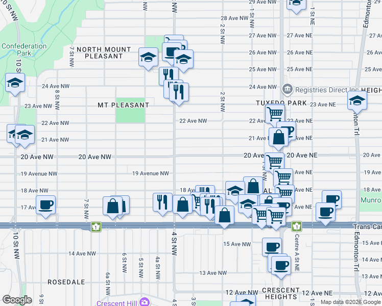 map of restaurants, bars, coffee shops, grocery stores, and more near in Calgary