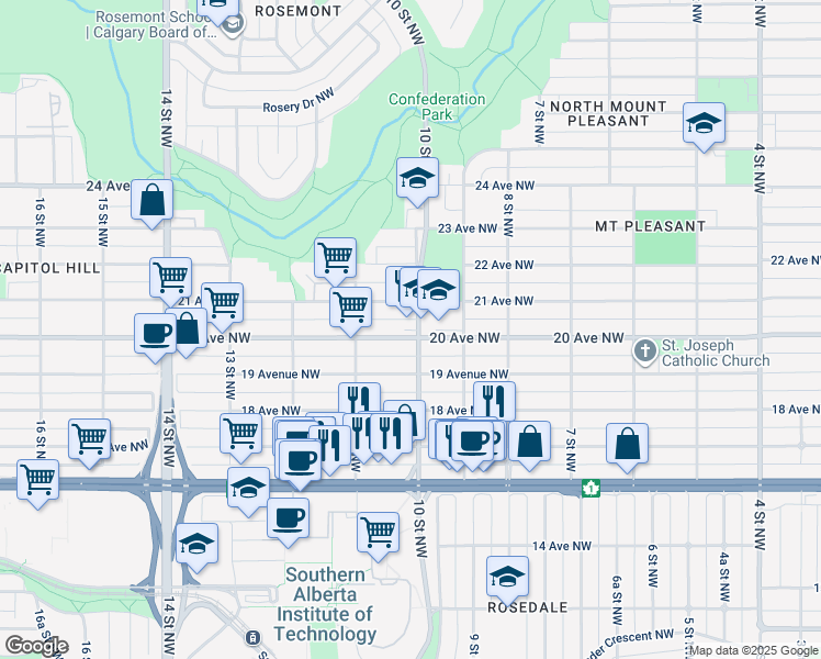 map of restaurants, bars, coffee shops, grocery stores, and more near 1109 20 Avenue Northwest in Calgary