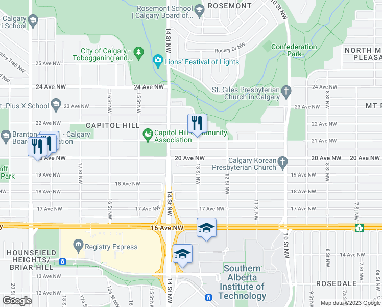 map of restaurants, bars, coffee shops, grocery stores, and more near 1410 20 Avenue Northwest in Calgary