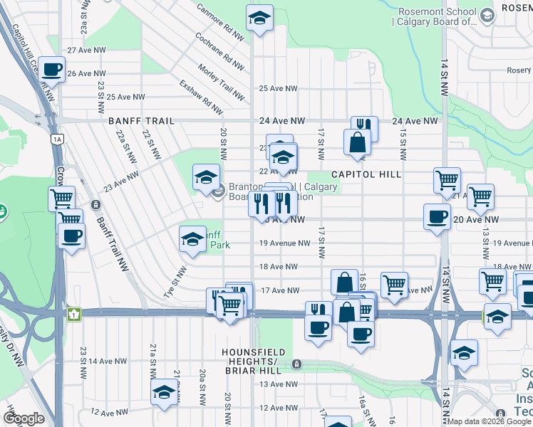 map of restaurants, bars, coffee shops, grocery stores, and more near in Calgary