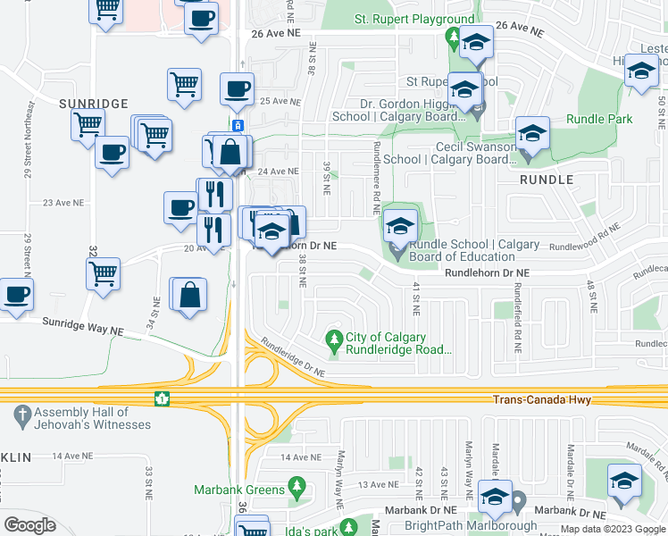 map of restaurants, bars, coffee shops, grocery stores, and more near 656 Rundleridge Drive Northeast in Calgary