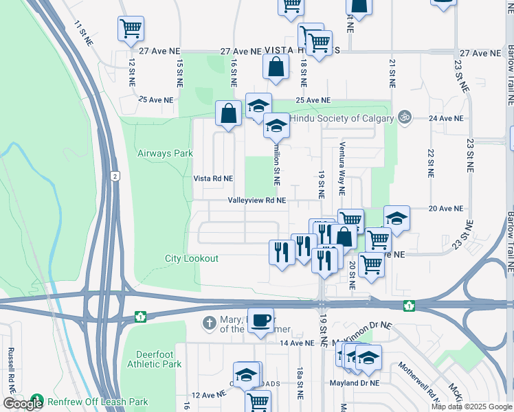 map of restaurants, bars, coffee shops, grocery stores, and more near 1809 Valleyview Road Northeast in Calgary
