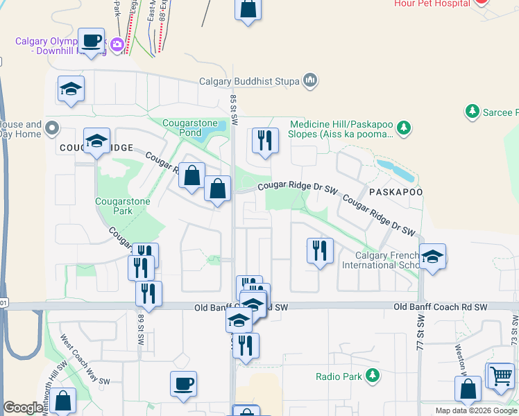 map of restaurants, bars, coffee shops, grocery stores, and more near 281 Cougar Ridge Drive Southwest in Calgary
