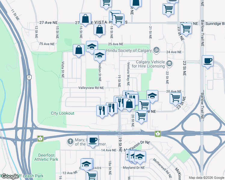 map of restaurants, bars, coffee shops, grocery stores, and more near 1901 19 Street Northeast in Calgary