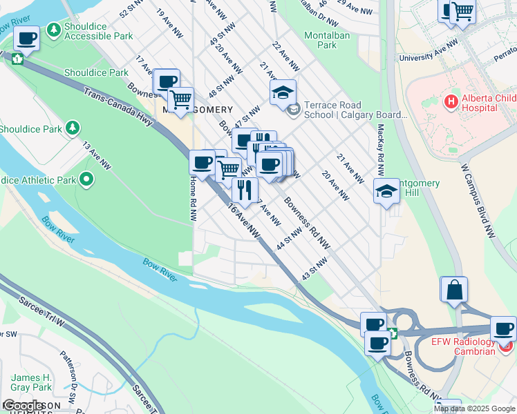 map of restaurants, bars, coffee shops, grocery stores, and more near in Calgary