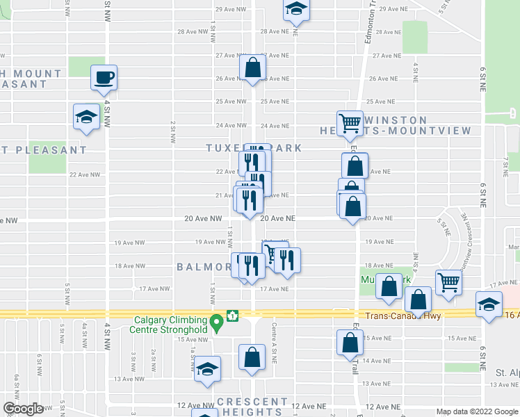map of restaurants, bars, coffee shops, grocery stores, and more near in Calgary