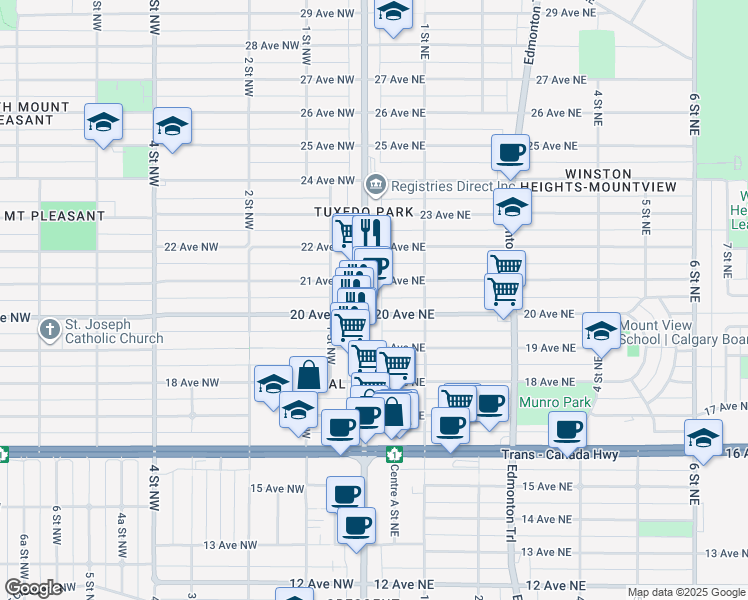 map of restaurants, bars, coffee shops, grocery stores, and more near 2110 Centre Street North in Calgary