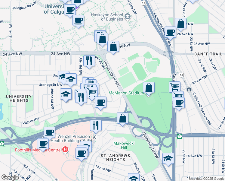 map of restaurants, bars, coffee shops, grocery stores, and more near 2905 Unwin Road Northwest in Calgary