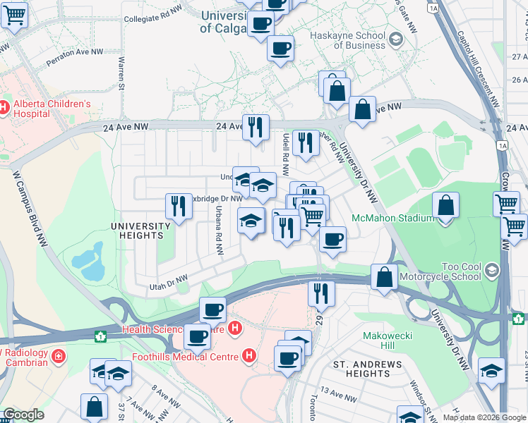 map of restaurants, bars, coffee shops, grocery stores, and more near 2215 Uxbridge Drive Northwest in Calgary