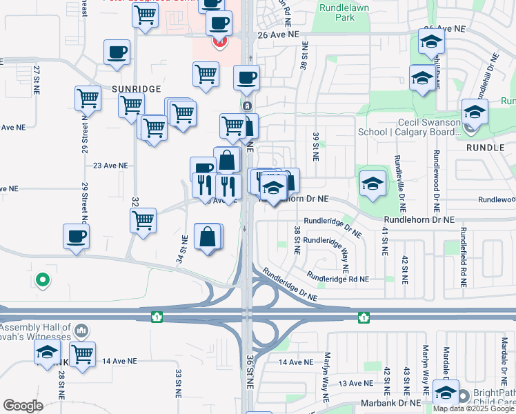map of restaurants, bars, coffee shops, grocery stores, and more near 548 Rundleridge Drive Northeast in Calgary