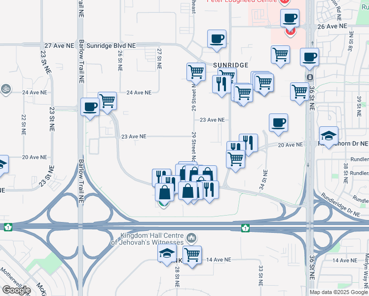 map of restaurants, bars, coffee shops, grocery stores, and more near 2175 29 Street Northeast in Calgary