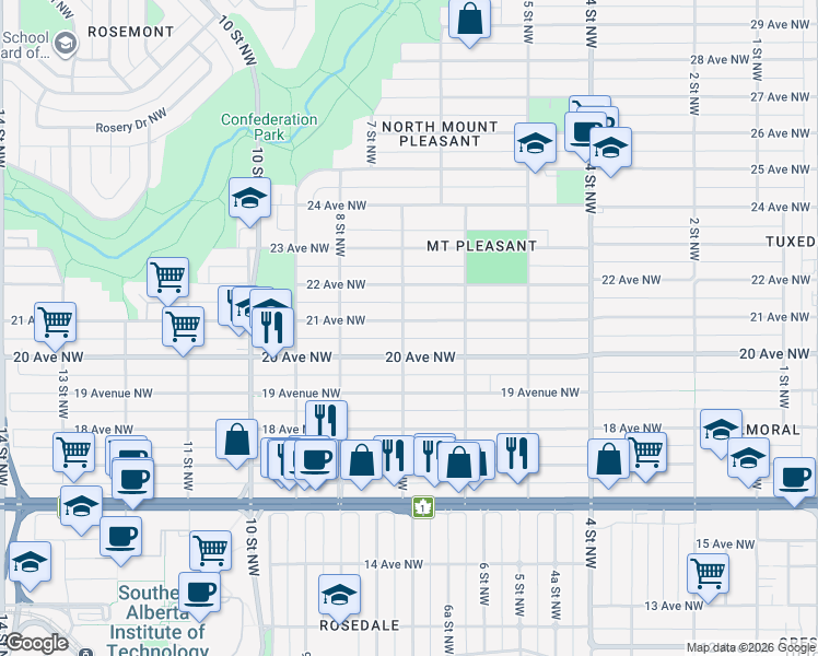 map of restaurants, bars, coffee shops, grocery stores, and more near 725 20 Avenue Northwest in Calgary