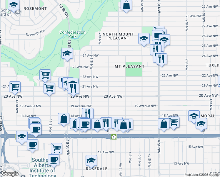 map of restaurants, bars, coffee shops, grocery stores, and more near in Calgary