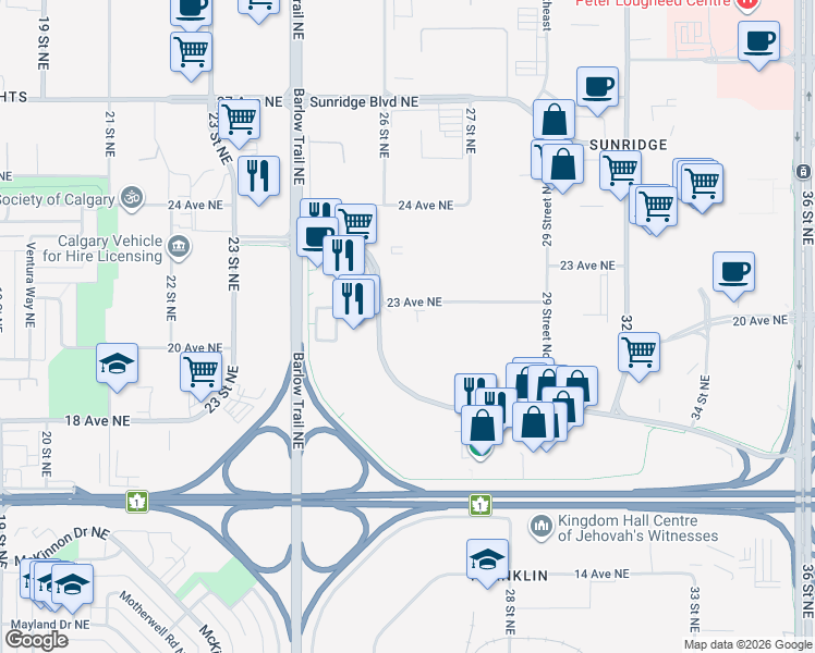 map of restaurants, bars, coffee shops, grocery stores, and more near 2876 Sunridge Way Northeast in Calgary
