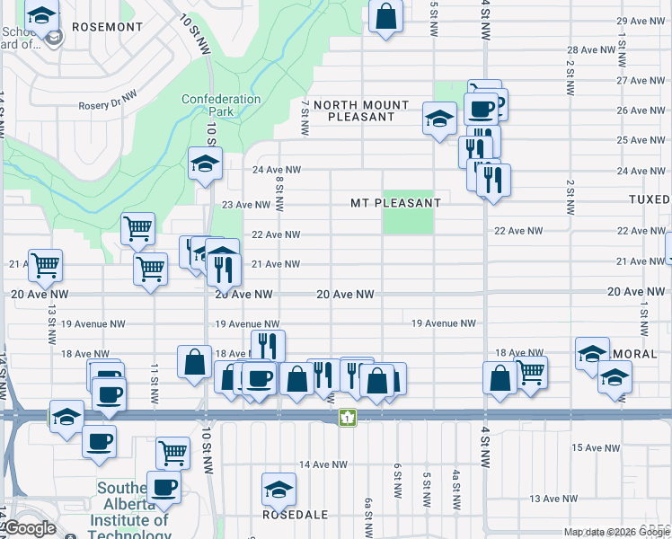 map of restaurants, bars, coffee shops, grocery stores, and more near in Calgary