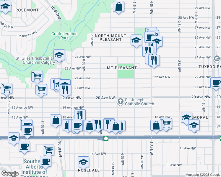 map of restaurants, bars, coffee shops, grocery stores, and more near in Calgary