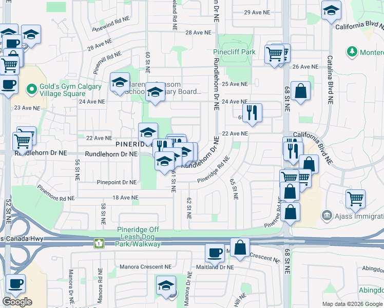 map of restaurants, bars, coffee shops, grocery stores, and more near 151-C Pinehill Road Northeast in Calgary