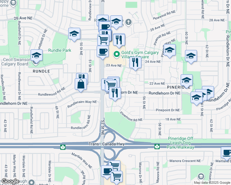 map of restaurants, bars, coffee shops, grocery stores, and more near 5300 Rundlehorn Drive Northeast in Calgary