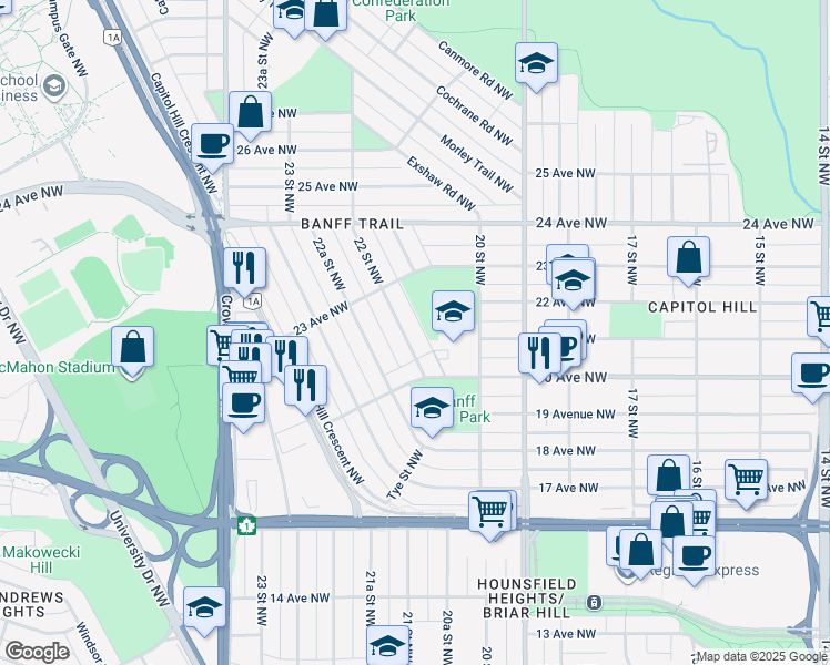 map of restaurants, bars, coffee shops, grocery stores, and more near 2332 22 Street Northwest in Calgary