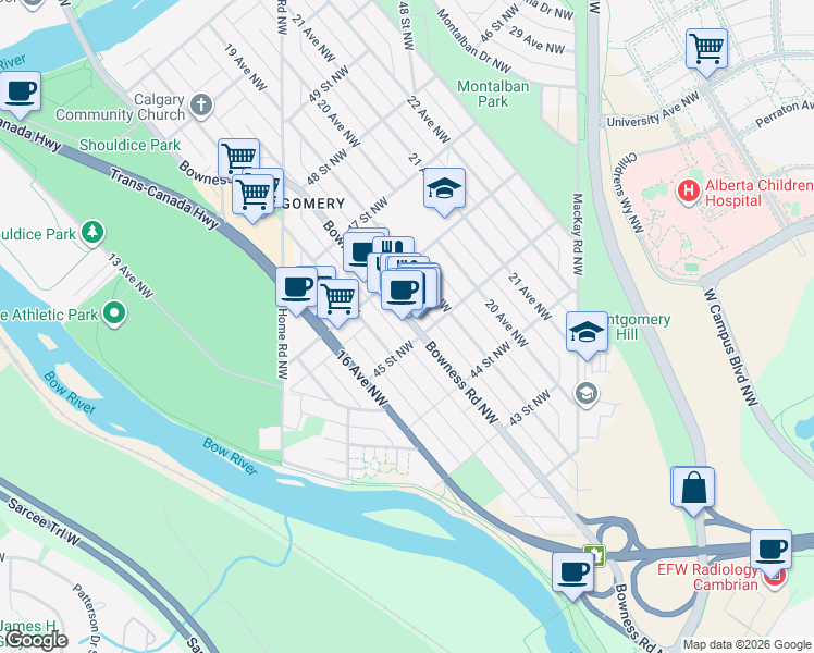 map of restaurants, bars, coffee shops, grocery stores, and more near 1899 45 Street Northwest in Calgary