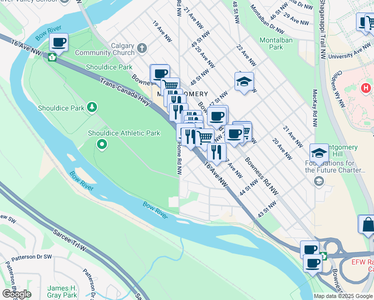 map of restaurants, bars, coffee shops, grocery stores, and more near 4715 16 Avenue Northwest in Calgary