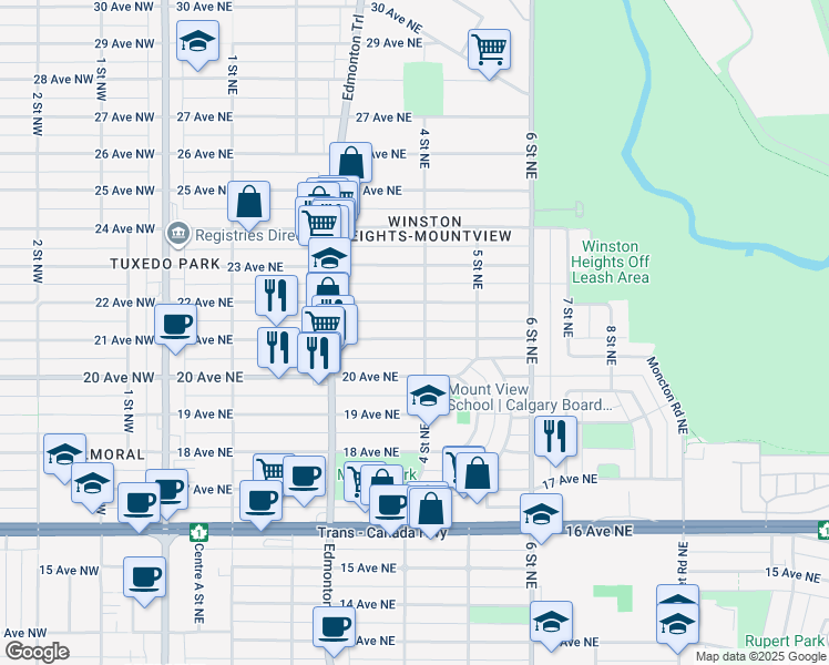 map of restaurants, bars, coffee shops, grocery stores, and more near 2210 4 Street Northeast in Calgary