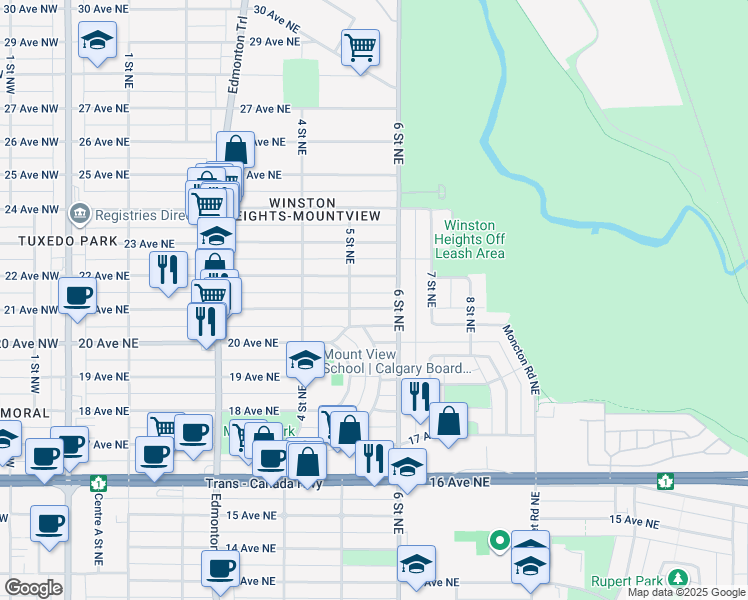 map of restaurants, bars, coffee shops, grocery stores, and more near 618 21 Avenue Northeast in Calgary