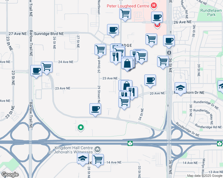 map of restaurants, bars, coffee shops, grocery stores, and more near in Calgary