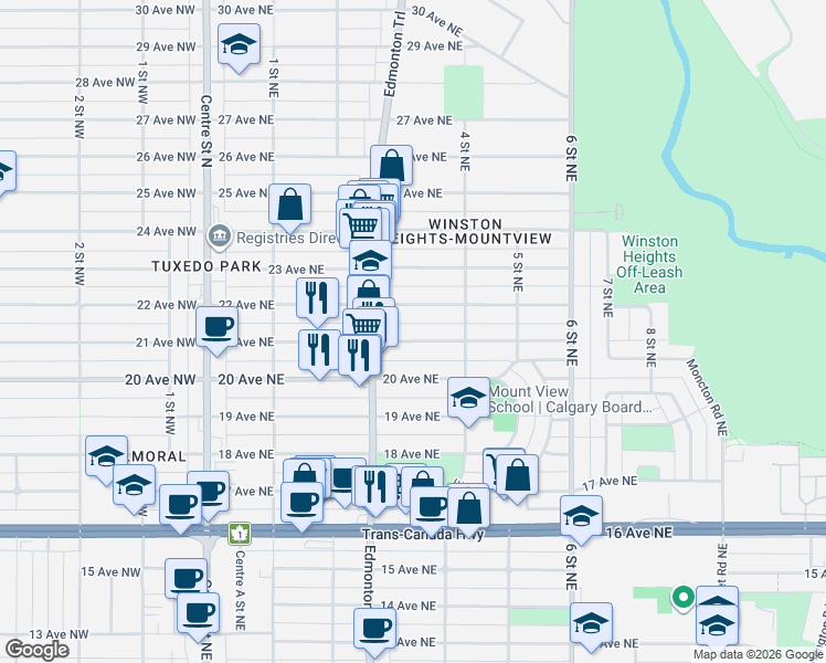 map of restaurants, bars, coffee shops, grocery stores, and more near in Calgary