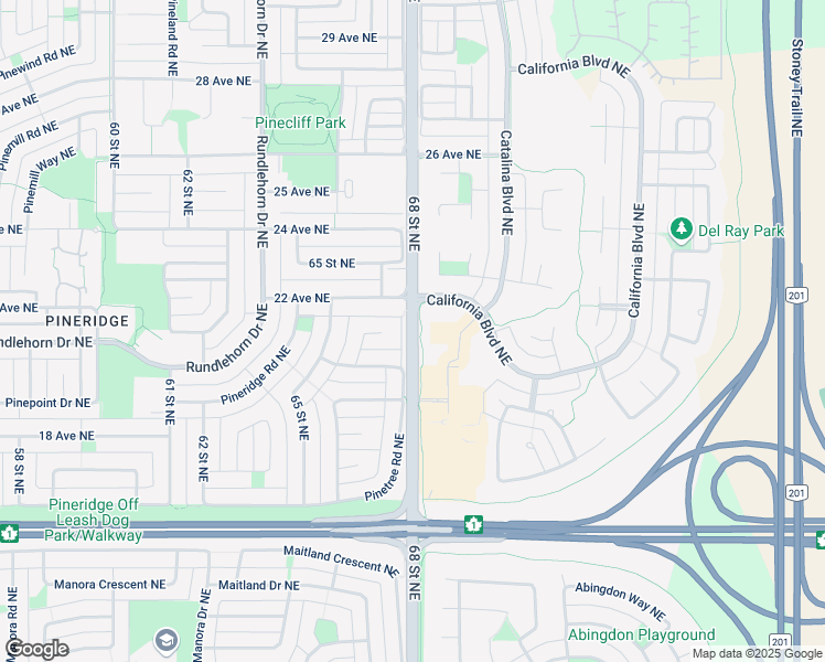 map of restaurants, bars, coffee shops, grocery stores, and more near 68 Street Northeast in Calgary