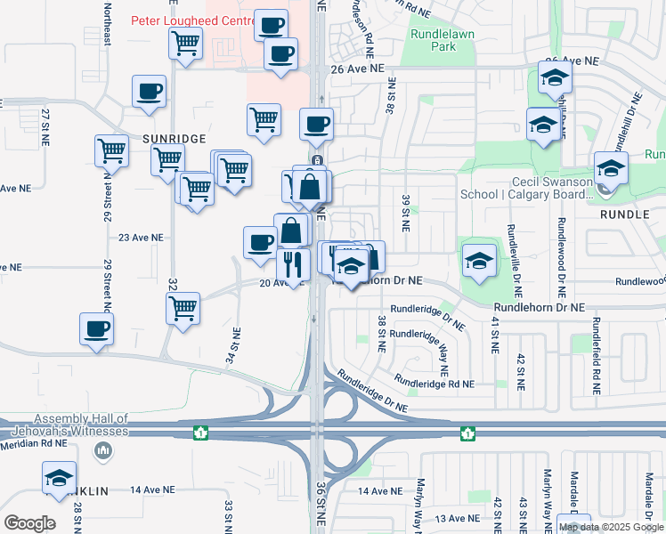map of restaurants, bars, coffee shops, grocery stores, and more near 325 Rundlehorn Circle Northeast in Calgary