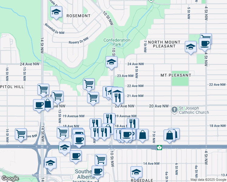 map of restaurants, bars, coffee shops, grocery stores, and more near 2250 10 Street Northwest in Calgary