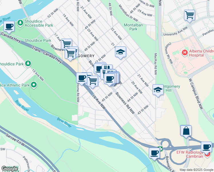 map of restaurants, bars, coffee shops, grocery stores, and more near in Calgary