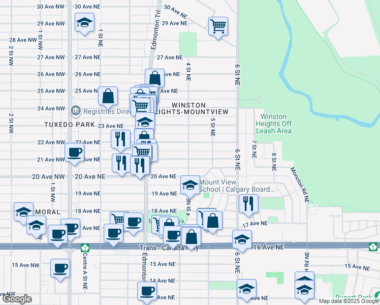 map of restaurants, bars, coffee shops, grocery stores, and more near 2210 4 Street Northeast in Calgary