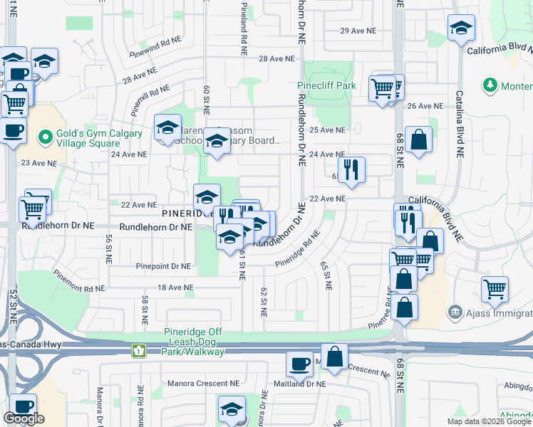 map of restaurants, bars, coffee shops, grocery stores, and more near 151-C Pinehill Road Northeast in Calgary