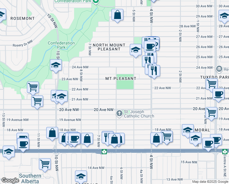 map of restaurants, bars, coffee shops, grocery stores, and more near 701 22 Avenue Northwest in Calgary