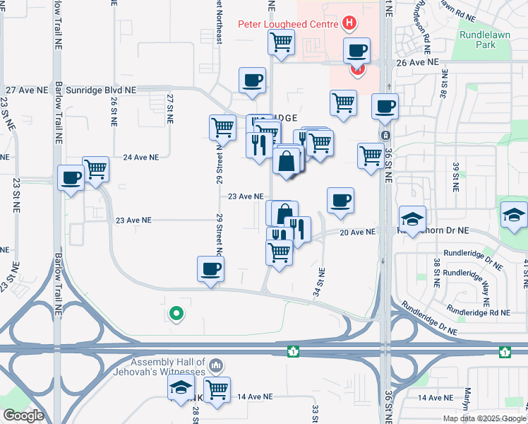 map of restaurants, bars, coffee shops, grocery stores, and more near in Calgary