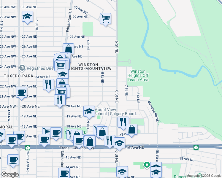 map of restaurants, bars, coffee shops, grocery stores, and more near 618 21 Avenue Northeast in Calgary