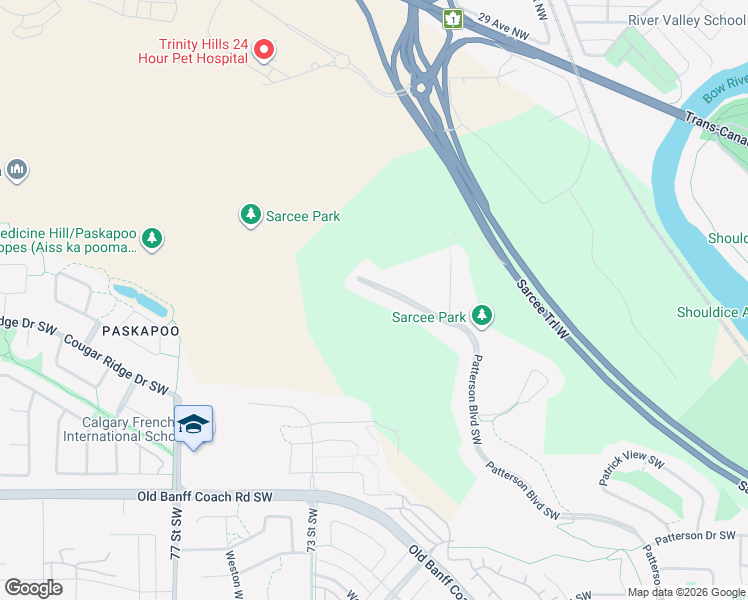 map of restaurants, bars, coffee shops, grocery stores, and more near 434 Patterson Boulevard Southwest in Calgary