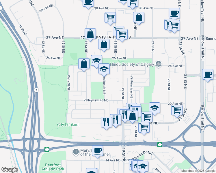 map of restaurants, bars, coffee shops, grocery stores, and more near 2222 Vermilion Street Northeast in Calgary