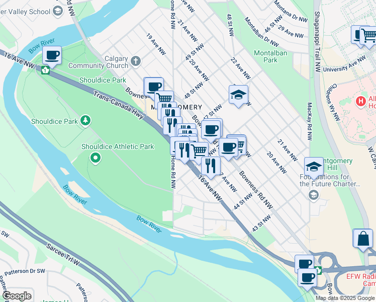 map of restaurants, bars, coffee shops, grocery stores, and more near 4715 16 Avenue Northwest in Calgary