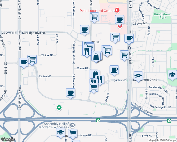 map of restaurants, bars, coffee shops, grocery stores, and more near in Calgary