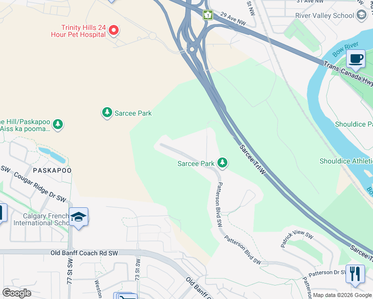 map of restaurants, bars, coffee shops, grocery stores, and more near 434 Patterson Boulevard Southwest in Calgary
